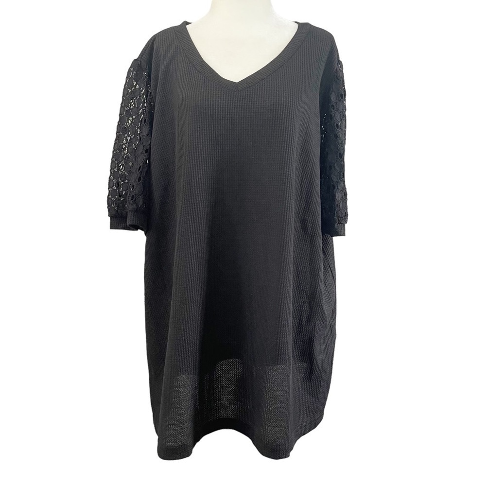 OLRIK NWT Plus Size Women Top Short Sleeve Shirt Lace Waffle Knit Black Sz 3x.